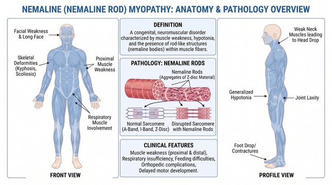 Medical Infographic Showing Nemaline Rod Myopathy Anatomy and Pathology Overview