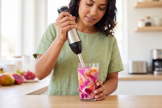 Woman Making Healthy Dragon Fruit Smoothie with Immersion Blender in Kitchen