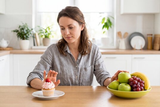 Woman Resisting Cupcake and Choosing Fresh Fruit for Healthy Diet