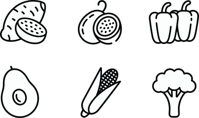 Fototapeta premium Minimalist black outline fresh vegetables and fruits icons set, isolated organic grocery sweet potato passion fruit and avocado vector illustration elements pack