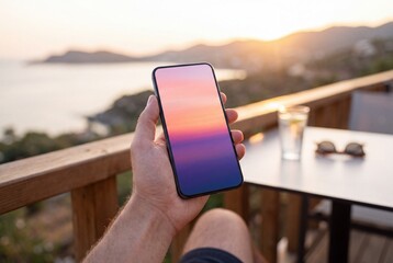 Obraz premium Person Holding Smartphone with Colorful Sunset Screen on Balcony