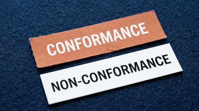 Two wooden signs displaying conformity and non conformity concepts on fabric background