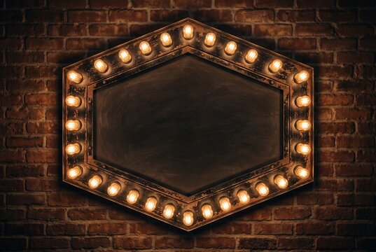 Vintage Hexagonal Marquee Sign with Glowing Bulbs on Brick Wall