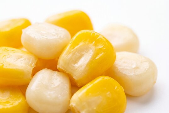 Macro Close Up of Fresh Yellow and White Sweet Corn Kernels on White Background