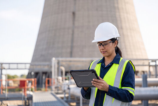 Female Engineer Using Tablet for Inspection at Industrial Power Plant