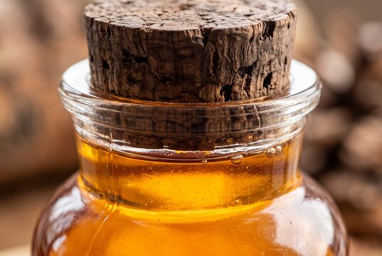 Close Up of Glass Bottle with Amber Liquid and Cork Stopper