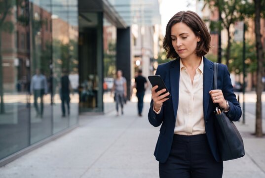 Professional Businesswoman Using Smartphone While Commuting on City Sidewalk