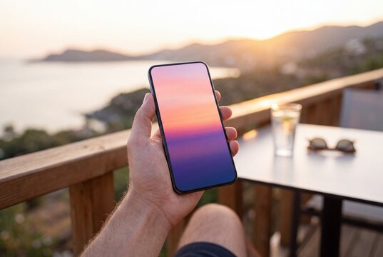 Person Holding Smartphone with Colorful Sunset Screen on Balcony