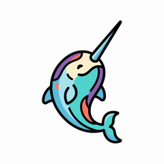 Cute narwhal whale illustration jumping with long tusk. © Hzl