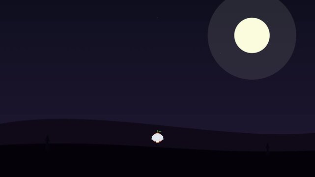 Minimalist 2D Animation of a Cute Character Bouncing Across a Dark Night Landscape