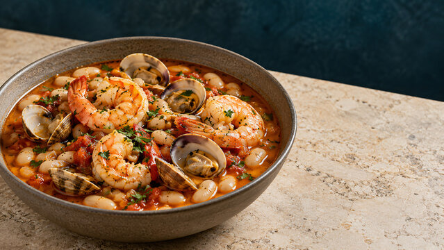 Portuguese White Bean Seafood Stew with Clams and Prawns