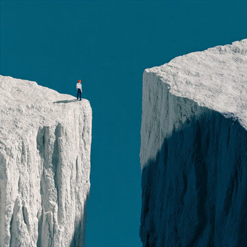 Aerial surrealist landscape with tiny person standing on white cliff beside deep rocky chasm, creating dramatic sense of isolation and scale