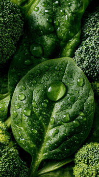 Green vegetable leaf with water droplets surrounded by broccoli florets creating fresh organic texture and natural food background