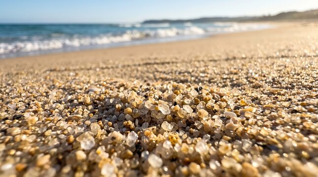 Coarse sand grains and small pebbles rest on a sunny beach shoreline with soft ocean waves in the background.