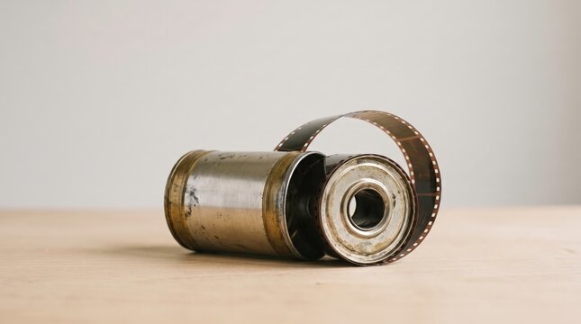 Vintage 35mm film canister rests on a wooden table with an unrolled negative strip.