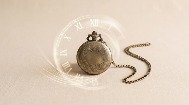 Antique pocket watch stands with a glowing time vortex graphic on a light beige surface.