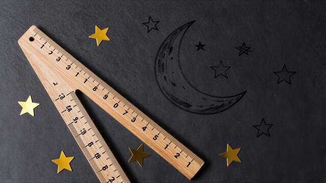 Wooden ruler rests beside moon and stars on dark slate surface.