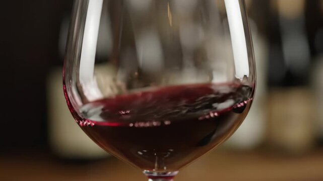 Close-up of red wine poured into a goblet, close-up of red wine poured into a goblet