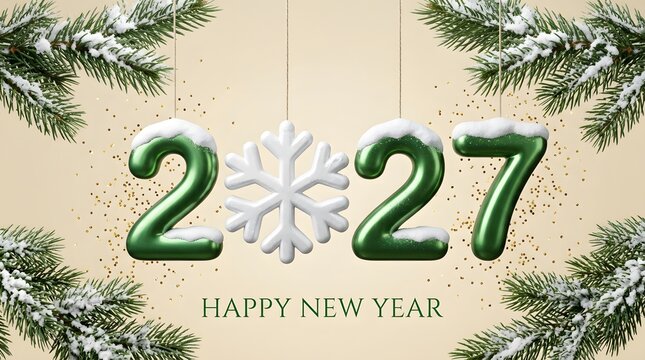 Festive winter season Happy New Year 2027 background featuring 3D green numbers, snowflake element, and fir pine branches with snow.