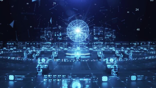 Tech data service center, future command center with a glowing digital sphere at its core, where operators work at holographic workstations amidst floating data visualizations and a blue grid floor.