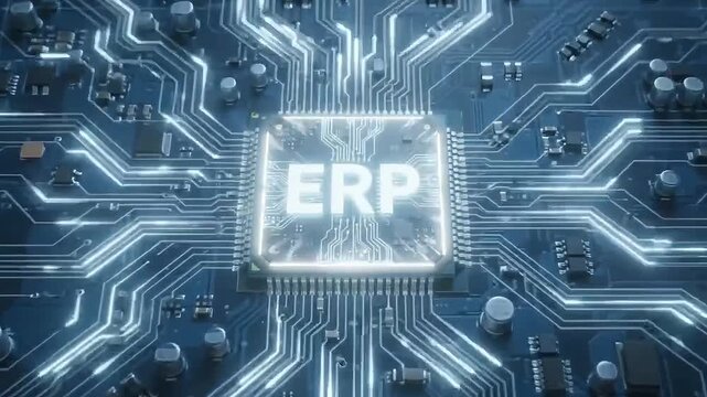 ERP system architecture motherboard video with glowing blue data streams flowing through electronic circuits and central processor chip