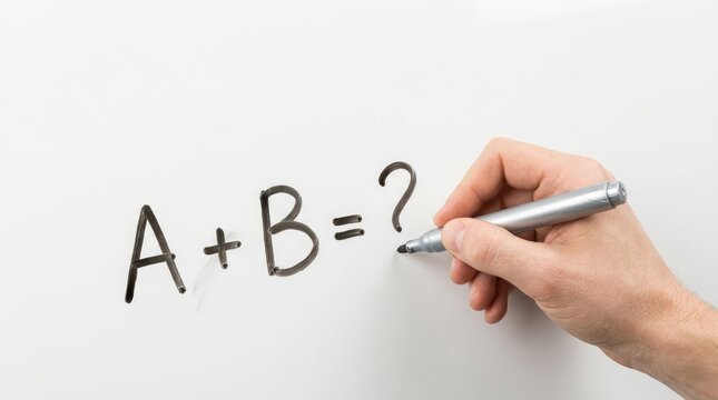 Hand writing math equation with unknown result on whiteboard