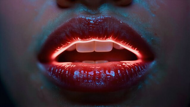 Glowing red lips with neon light, set against cool blue background.