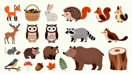 Obraz premium Cute forest animals and nature elements in a colorful, cartoon style.