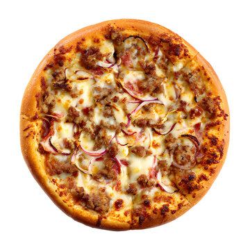Fresh baked pizza with savory meat topping and red onions view from above