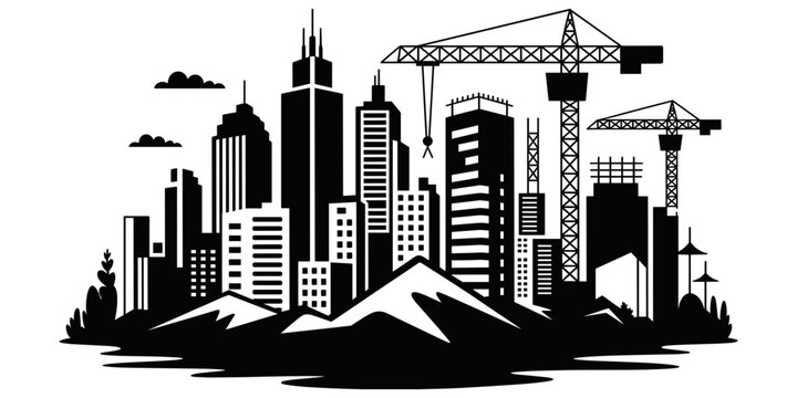 Silhouette of a city skyline under construction with tall buildings, cranes, and clouds, urban development and architecture