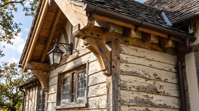 Architectural detail of a timber-framed cottage with weathered white wood siding, dark shingle roof, and a vintage black metal wall lantern