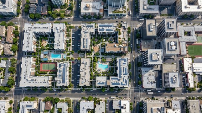 Top down drone shot captures urban buildings and apartment complex