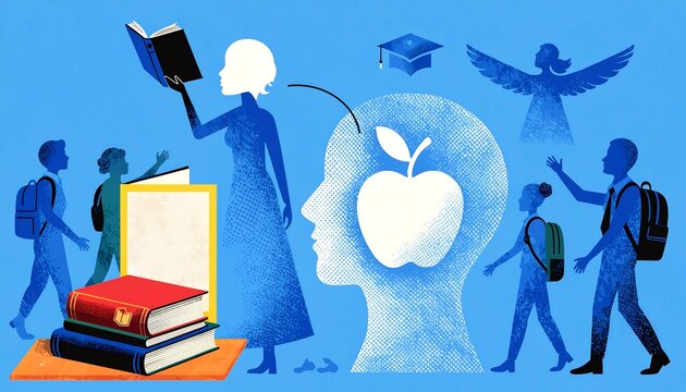 Conceptual education illustration of teacher guidance knowledge transfer with students and apple head silhouette.