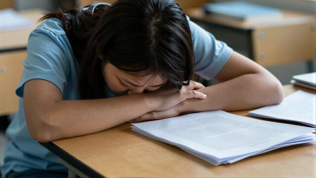 Woman exhausted, head in hands over papers on wooden desk.