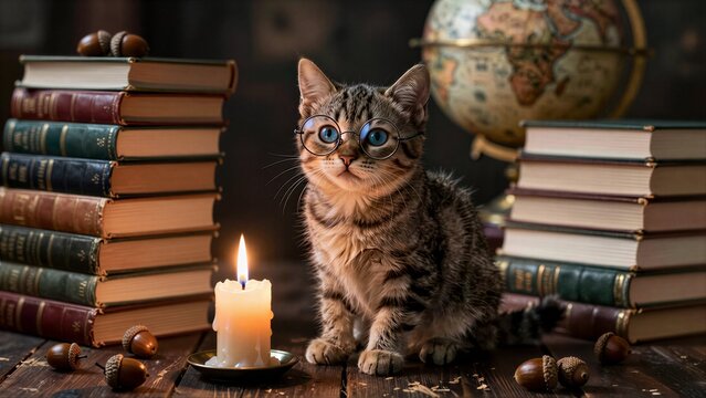 Cute kitten in glasses sits among books, candlelight, and acorns.