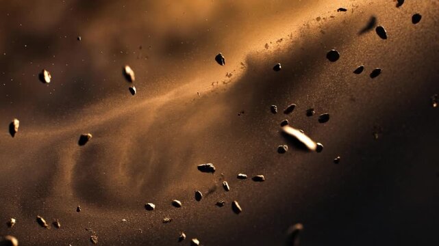 Abstract Golden Dust with Black Particles Floating in Slow Motion