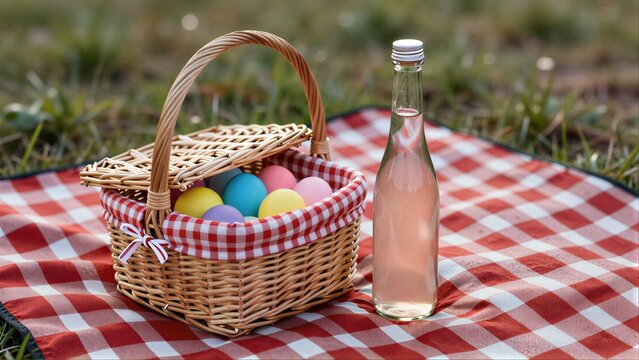 Colorful eggs in basket, pink drink beside on checkered blanket outdoors.