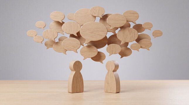 Two wooden human figurines standing on a table with a large cluster of wooden speech bubbles above, representing communication, dialogue, and social exchange.