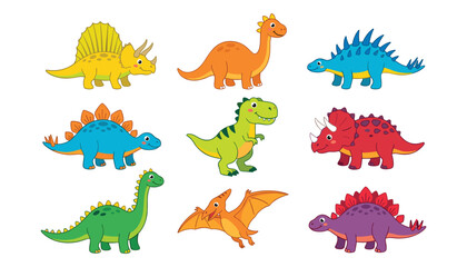 Cute cartoon dinosaur character collection featuring colourful jurassic reptiles like tyrannosaurus rex, triceratops, stegosaurus, and flying pterodactyl © Monzurul