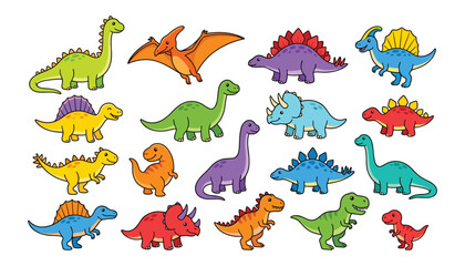 Cute cartoon dinosaur vector character collection featuring colourful prehistoric reptiles like tyrannosaurus rex, triceratops, stegosaurus, pterodactyl © Monzurul