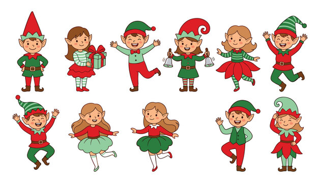 Cute Christmas helper elves cartoon character set jumping dancing ringing bells holding gift boxes vector illustration collection