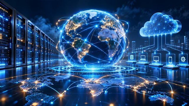 Global cloud computing network with digital earth globe and connected devices representing worldwide data center infrastructure