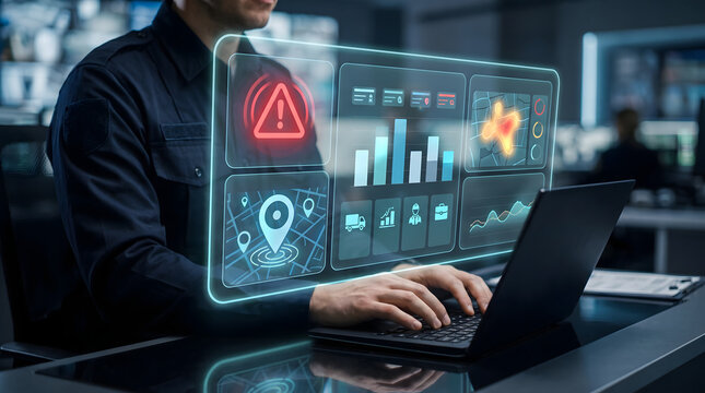 Officer using laptop with emergency response system interface showing alert warnings and location tracking data