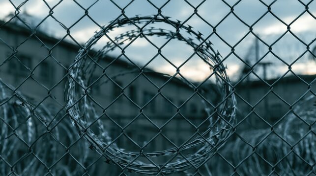 A prison fence with high security chain link and coiled razor wire stands in front of an institutional building.