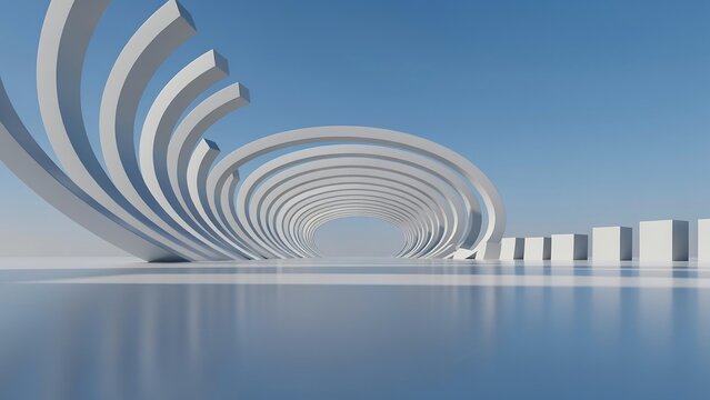 Futuristic architecture features large white curved arches outdoors.