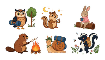 Obraz premium Cute woodland animal camping vector icon set featuring cartoon owl squirrel rabbit beaver snail and skunk on outdoor adventure