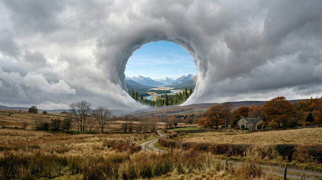 Surreal photo manipulation of a circular cloud portal opening to a majestic mountain valley landscape over a countryside field