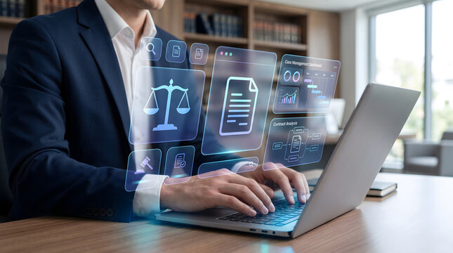 Lawyer using laptop with legal technology interface showing case management and contract analysis