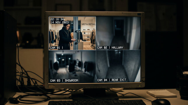 Security guard monitoring retail store security cameras in dark office
