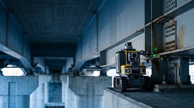 Tracked inspection robot conducting structural assessment underneath a concrete bridge, scanning steel beams and support columns with mounted sensors and green indicator light.